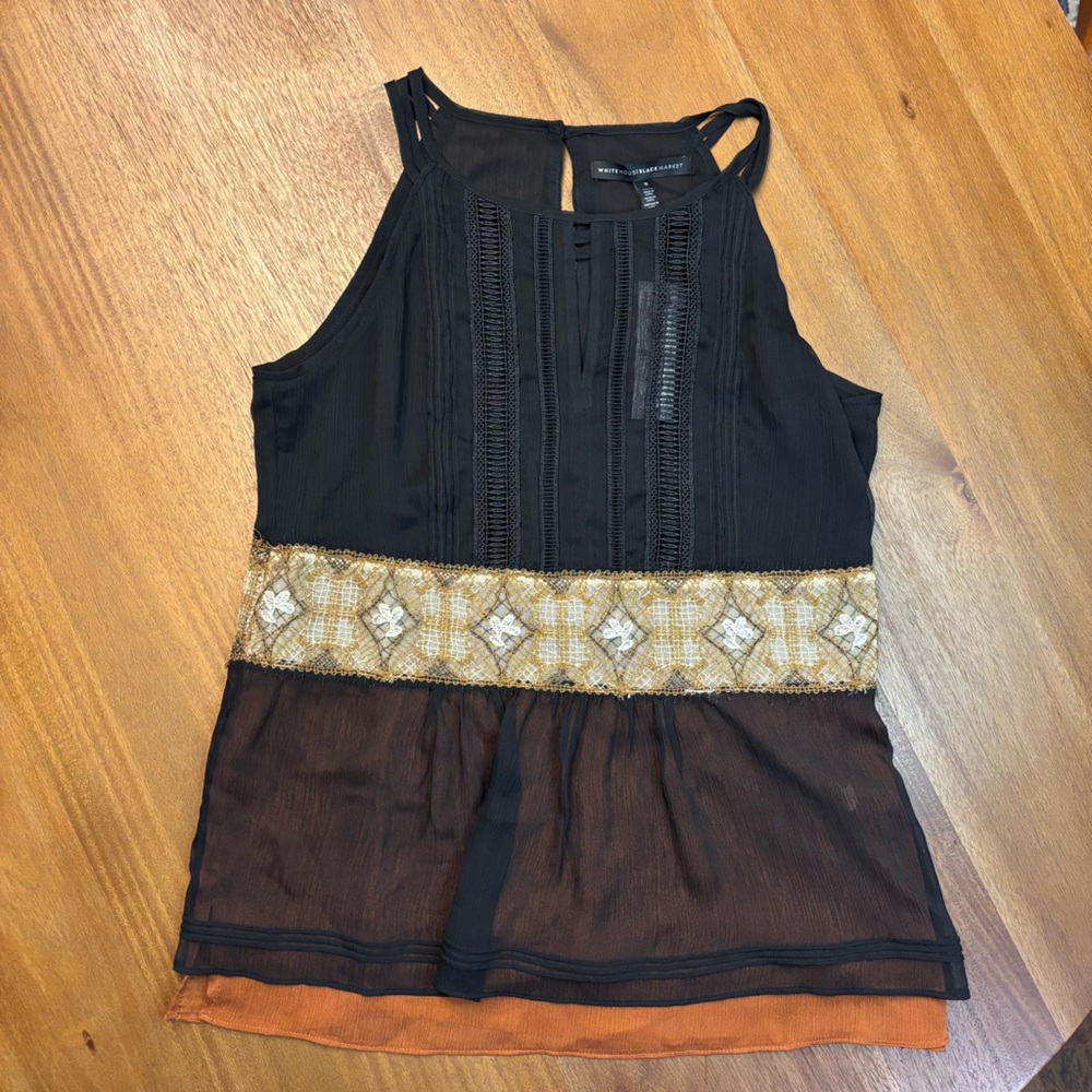 White House Black Market Black and Brown Tank Top with Gold Detail